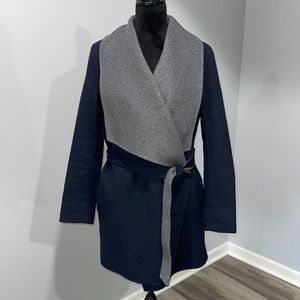 Soia and Kyo Navy Blue Gray Wool Blend Wrap Coat Belted Women Size Medium